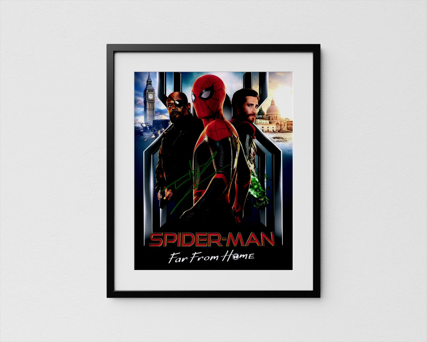 The image is a framed poster featuring the characters Spider-Man and his friends in a city setting, with the title "SPIDER-MAN Far From Home" prominently displayed.