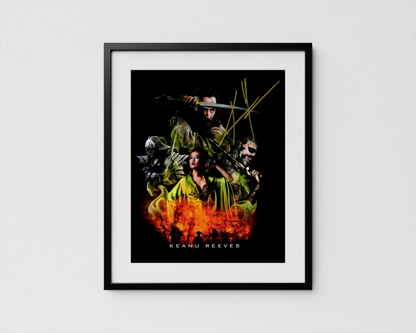 The image is a framed poster featuring a collage of various characters, including a woman in a yellow dress, a man in a green outfit, and other figures, all set against a dark background with flames and yellow lines.