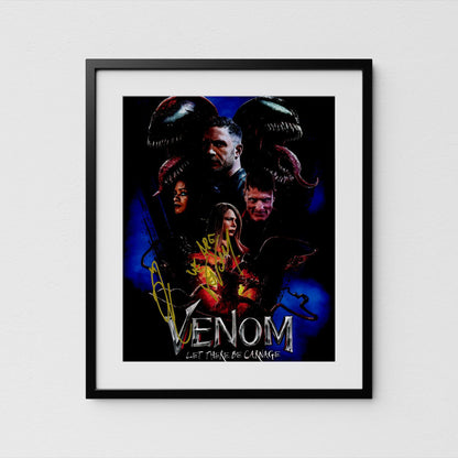 The image is a framed poster featuring the characters from the movie &quot;Venom&quot;, including the main characters Tom Hardy and a large, menacing creature.