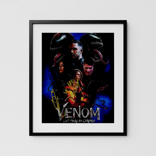 The image is a framed poster featuring the characters from the movie &quot;Venom&quot;, including the main characters Tom Hardy and a large, menacing creature.