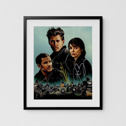 The image is a framed poster Bikeriders featuring Austin Butler. and Tom Hardy, likely with motorcycles in the background.