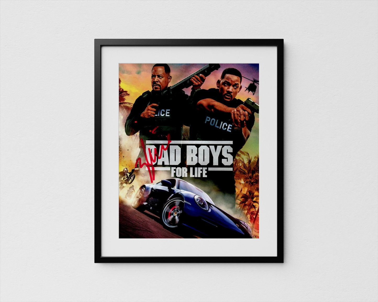 The image is a movie poster for the film &quot;Bad Boys for Life&quot;, featuring two men in police uniforms and a car in a burning scene.
