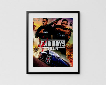 The image is a movie poster for the film &quot;Bad Boys for Life&quot;, featuring two men in police uniforms and a car in a burning scene.