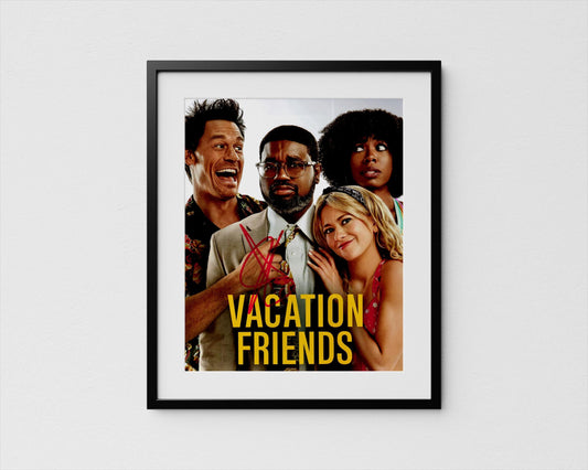The image is a framed poster featuring four people, including two men and two women, posing together. The text &quot;VACATION FRIENDS&quot; is prominently displayed in the center of the poster.