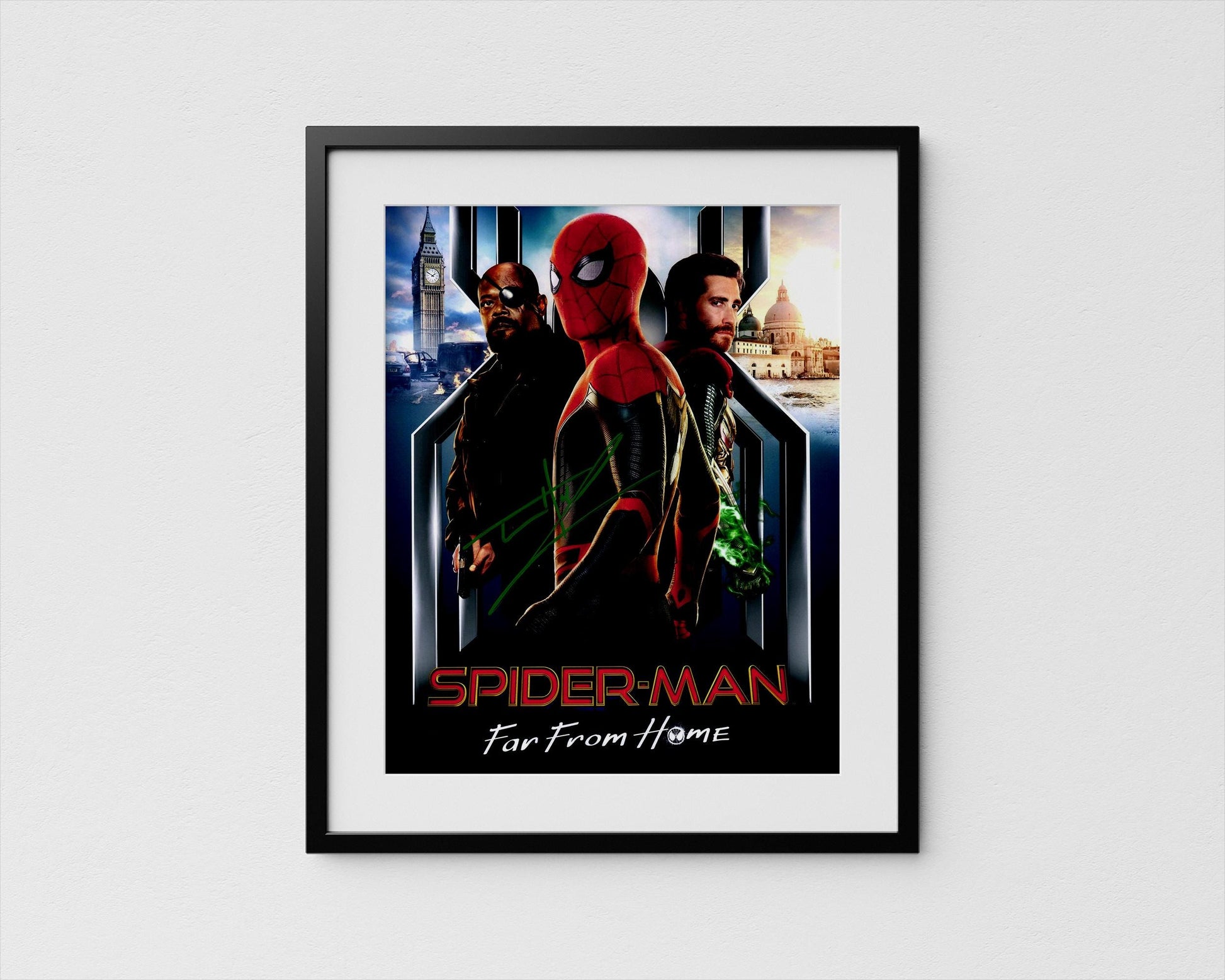 The image is a framed poster featuring the characters Spider-Man and his friends in a city setting, with the title &quot;SPIDER-MAN Far From Home&quot; prominently displayed.