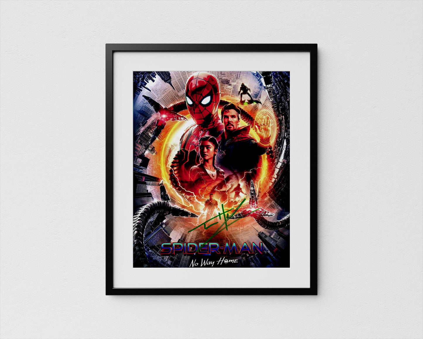 The image is a framed poster featuring the characters from the Spider-Man movie, including Spider-Man, a woman, and a man, set against a colorful and dynamic background.