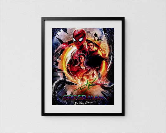 The image is a framed poster featuring the characters from the Spider-Man movie, including Spider-Man, a woman, and a man, set against a colorful and dynamic background.