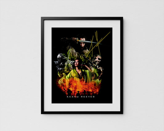 The image is a framed poster featuring a collage of various characters, including a woman in a yellow dress, a man in a green outfit, and other figures, all set against a dark background with flames and yellow lines.