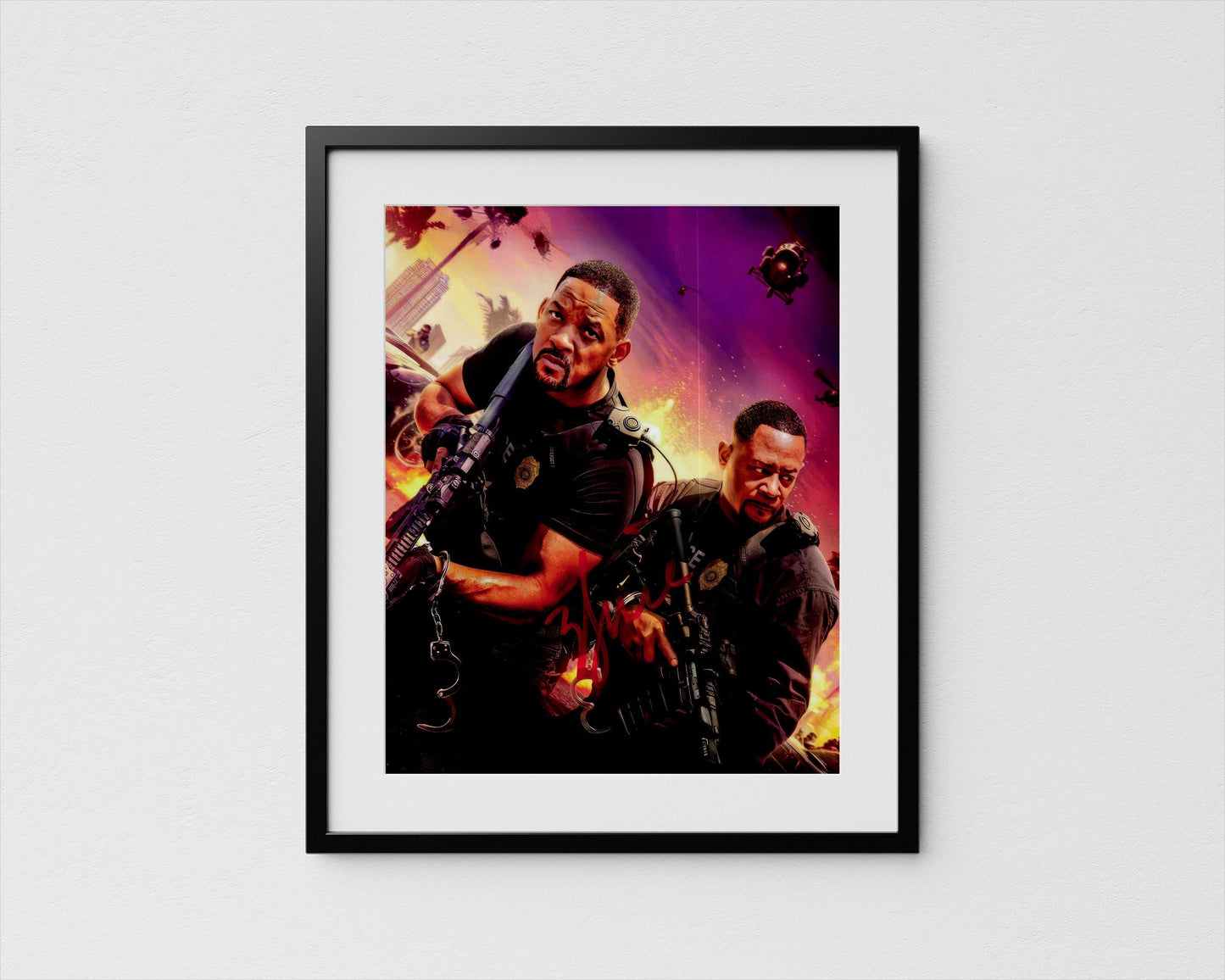 The image is a framed artwork depicting two men in military uniforms, one holding a rifle and the other a gun, with a fiery background.