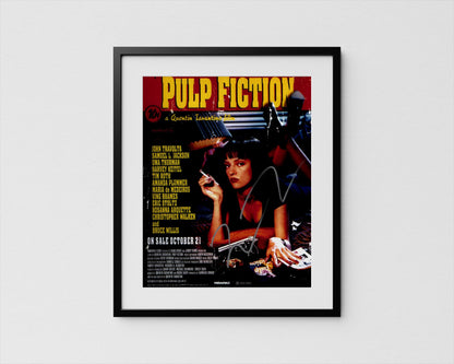 The image is a framed poster for the movie Pulp Fiction, featuring a close-up of a woman with a cigarette in her hand.