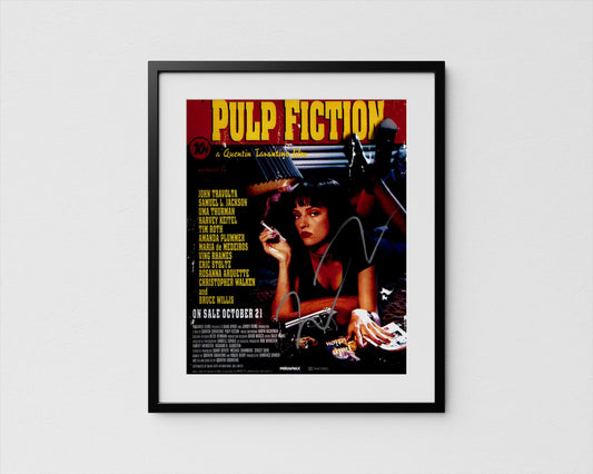 The image is a framed poster for the movie Pulp Fiction, featuring a close-up of a woman with a cigarette in her hand.