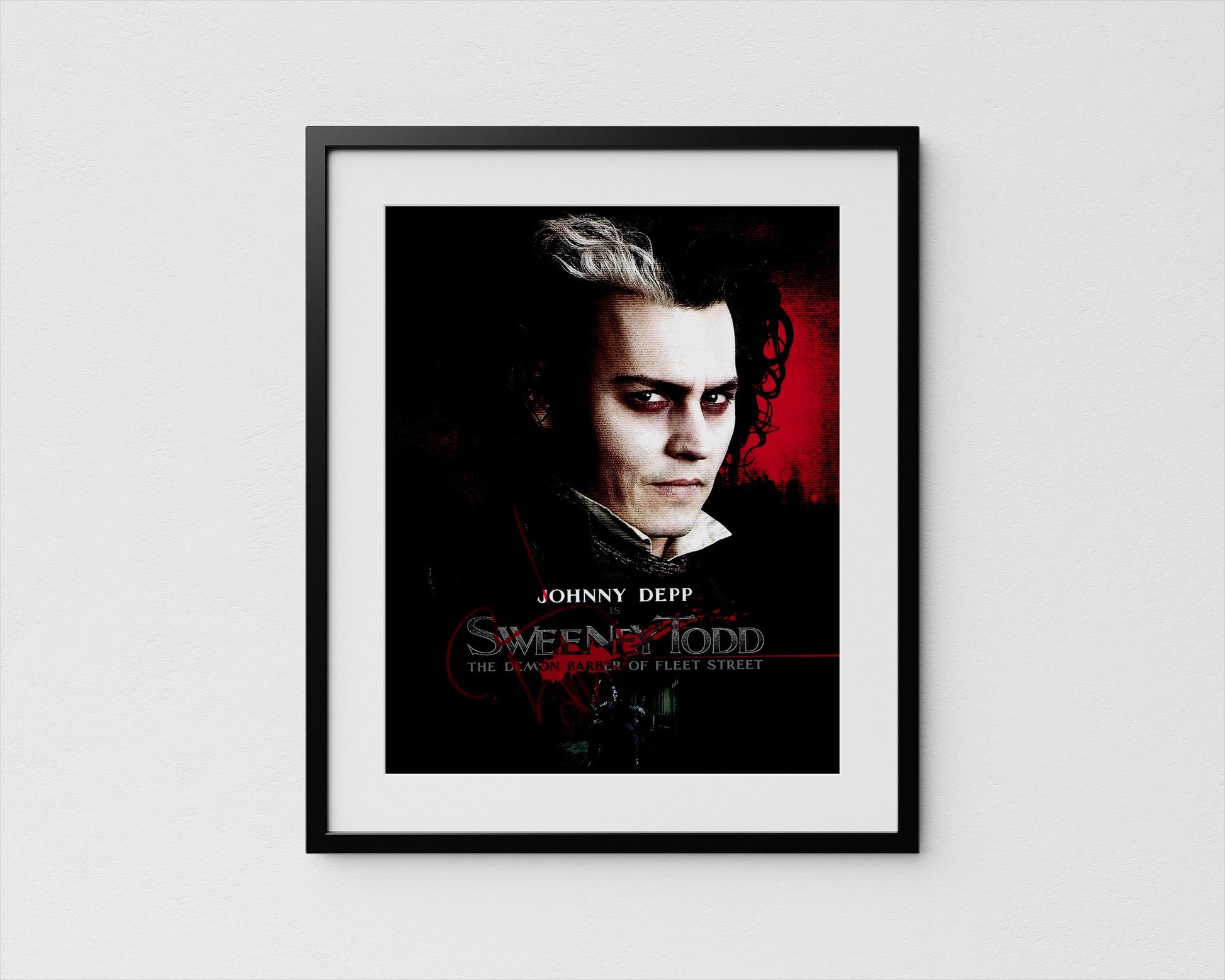 The image is a framed poster featuring a close-up portrait of a man with a serious expression, likely from the film &quot;Sweeny Todd&quot;.