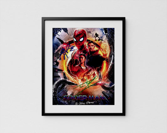 The image is a framed poster featuring the characters from the Spider-Man movie, including Spider-Man, Spider-Man, and a character named Dr. Octopus. The poster has a colorful and dynamic design with various elements, such as a large spider, a cityscape, and a character with a red and black suit.