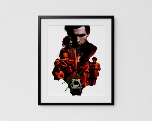 The image is a framed poster featuring a close-up of a man&#39;s face surrounded by various other people, including a skull.