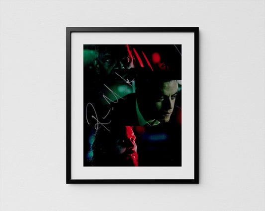 The image is a framed collage of three photographs, each featuring a person&#39;s face in different lighting and color schemes.