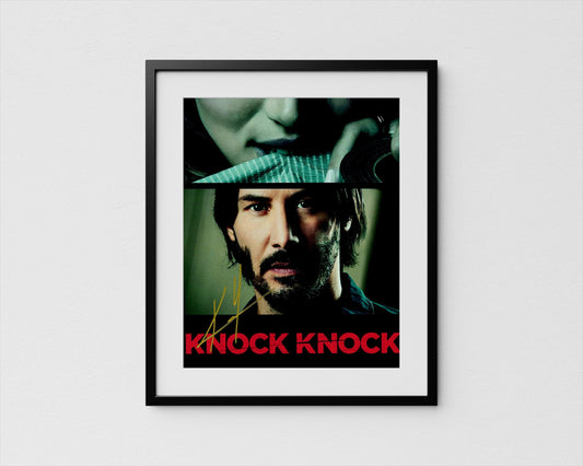 The image is a framed poster featuring a close-up of a man&#39;s face with a serious expression, along with a partial view of another person&#39;s face. The text &quot;KNOCK KNOCK&quot; is prominently displayed in the center of the poster.