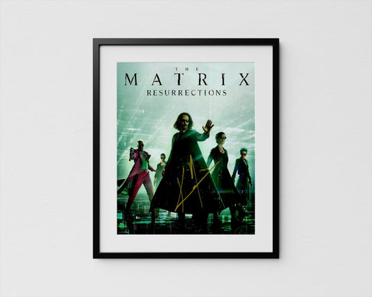 The image is a framed poster for the movie &quot;The Matrix: Resurrections&quot;. It features a group of characters from the film, including Neo, Trinity, and Morpheus, in a futuristic setting.